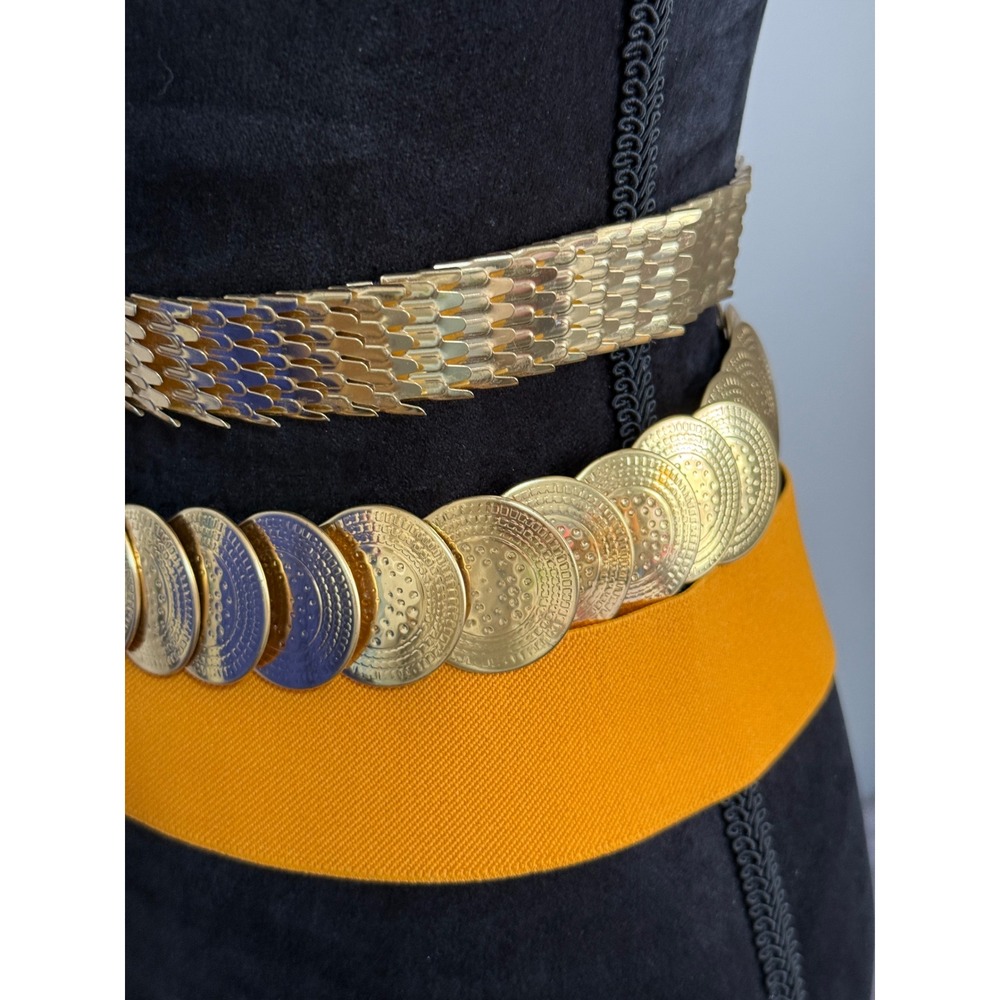 Vintage Gold Tone Metal Coin Scale Link and‎ Mustard Yellow Elastic Belt Set 3pc - Picture 12 of 16
